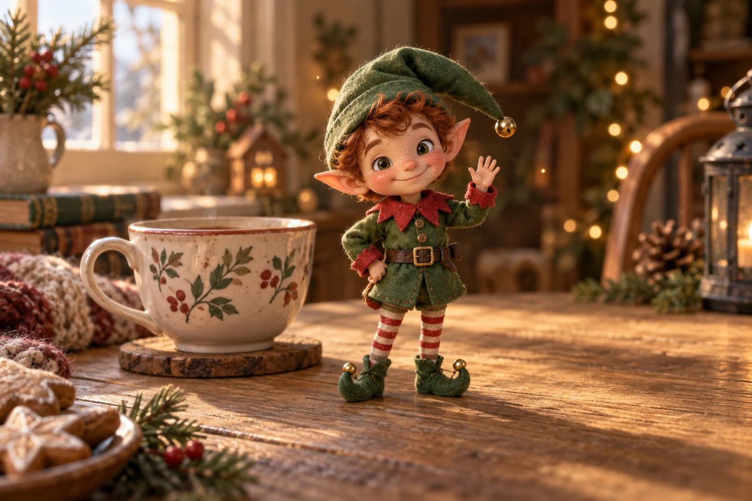 A little green felt elf waves beside a teacup in a warmly lit home